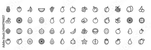 Fruit Food Icon Set, Black Glyph Silhouettes of Pineapple, Strawberry, Banana, Watermelon, Grapes, Mango, Blueberries, Peach, Cherry, Lemon, Avocado, Kiwi, Fresh Produce Illustration