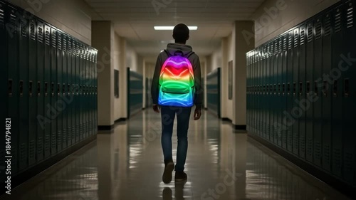 Teenager walks down school hallway with glowing rainbow backpack.