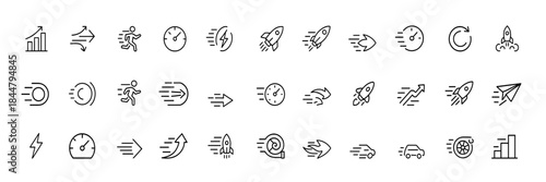 Speed acceleration icon set, dynamic thin-line vector pictograms showing rapid motion, progress, quick actions, lightning, rocket launch, speedometer symbols, modern linear illustration