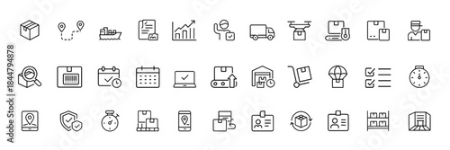 Logistics supply chain icon set, thin line business process illustrations of transport, delivery, packaging, freight, route, digital document, demand, forecast, warehouse system, tracking