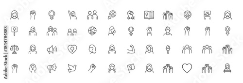 Feminist empowerment icon set with linear women rights symbols, gender equality pictograms, activism concepts, raised fists, protest elements, breaking chain, unity, modern vector illustration