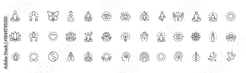 Spiritual Inner Growth icon set, linear meditation and mindfulness symbols showing chakra power, enlightenment, personal transformation, aura balance and cosmic harmony, vector illustration
