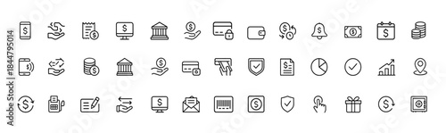 Payment and financial transaction icon set, clean linear vector symbols of digital money transfer, banking services, credit card, wallet, ATM and cash pictograms for modern commerce, secure finance