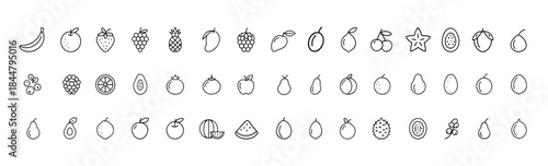 Fruit icon collection in clean thin line style, featuring banana, orange, strawberry, grapes, pineapple, mango, blueberry, raspberry, lime, kiwi, papaya, pomegranate, coconut, vector illustration