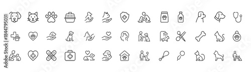 Animal service pet icon set, clean glyph silhouette symbols of dog, cat, paw, carrier, vet care, adoption, training, rescue and support companions, vector illustration set, pet care icons