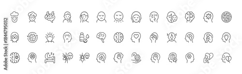 Mental Disorders Icon Set, a thin linear vector collection illustrating anxiety, depression, ADHD, OCD, PTSD, autism spectrum, insomnia, phobias, and mood conditions, icon, mental, outline, pictogram