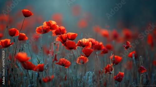 A field of red poppies stands tall in the late afternoon. The flowers sway gently in the breeze as the warm light enhances their colors creating a vibrant scene of nature.