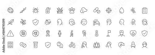 Lyme disease awareness icons, thin linear vector pictograms showing tick infection, spirochete pathogen, insect repellent spray, dog and grass elements, antibiotic pill, doxycycline prevention