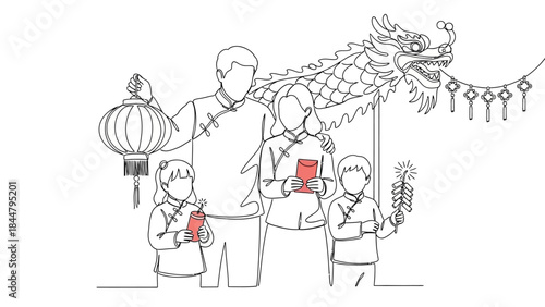 Celebration of Chinese New Year with Family and Traditional Dragon Dance