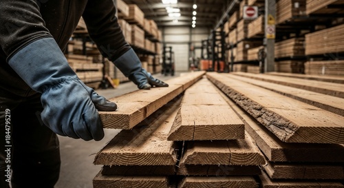 Worker arranges wooden planks in warehouse during daylight hours for construction and building projects