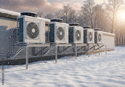 Snow falls on air conditioning units beside a building in winter during the morning light