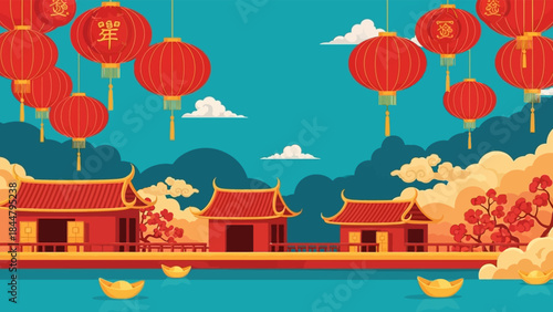 Celebrating the Lunar New Year with Traditional Red Lanterns and Ancient Architecture Scene