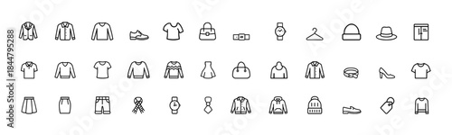 Fashion clothing icon set, featuring modern glyph silhouettes of apparel essentials such as dresses, jackets, shirts, shoes, handbags and accessories, crafted for trendy wardrobe design