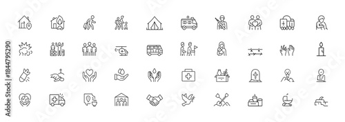 War aftermath icon collection, linear vector symbols showing destruction, crisis displacement, refugee camps, lost children, power blackout, humanitarian aid scenes, thin outline pictograms