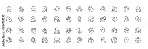 Autism and neurodiversity support concept with line icons illustrating behavior cues, therapy ideas, emotional communication, inclusive learning for children, mental health awareness, vector