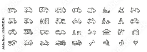 Municipal service transport line icons illustrating firefighting, rescue, ambulance, sewer work, water tanker, inspection, graffiti removal, and urban utility vehicles, vector illustration