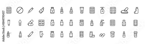 Pharmacy Medicine Packaging Icon Set, Black Glyph Vector Pictograms for Tablet, Syringe, Injection, Syrup, Eye Drops, Nasal Spray, Ointment, Inhaler, Suppository, Healthcare Illustration