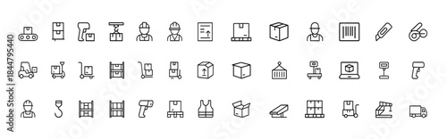 Warehouse Equipment Line Icon Set, thin linear vector pictograms for logistics and industrial operations, conveyor systems, shelving racks, barcode scanning, cranes, safety worker tools