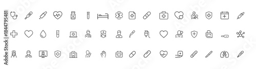 Medical healthcare vector icon set, thin linear symbols of stethoscope, thermometer, syringe, pills, ambulance, heart, cross, blood test, treatment, clinic care, telehealth illustration, diagnosis