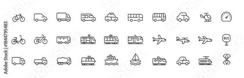 Transportation vehicle icon set, featuring vector glyph pictograms of travel, transit, public transport, car, bus, train, bicycle, boat, airplane silhouette illustration, logistics, commute, cargo