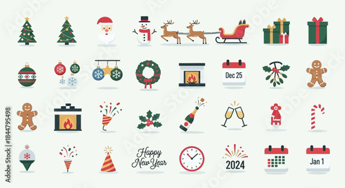 Christmas and New Year Celebration Elements Including Santa Snowman Reindeer and Festive Decorations