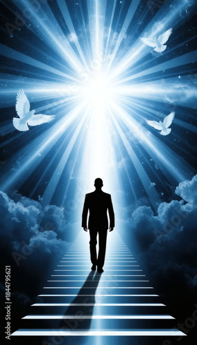 Man walking towards a bright light with clouds and doves above