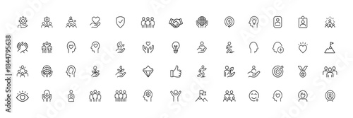 Core Values Vector Icon Set Featuring Linear Symbols of Ethics, Teamwork, Leadership, Integrity, Diversity and Innovation for Modern Company Culture, sustainability, responsibility, collaboration