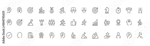 Motivation icon set with linear outline pictograms showing growth, goal setting, success, teamwork, perseverance, rocket launch, passion, achievement, thumbs up, productivity booster graphics