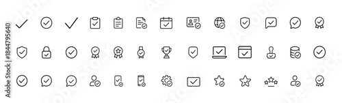 Checkmark approval icon set featuring vector glyph symbols for validation, certification, secure confirmation, quality badges, documents, awards, shields, identity, mobile app UI elements,