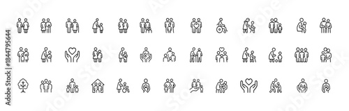 Family relationship icon set with glyph silhouettes of parents, children, elderly, pregnancy, community care and social support, modern vector illustration, unity, nurture, bond