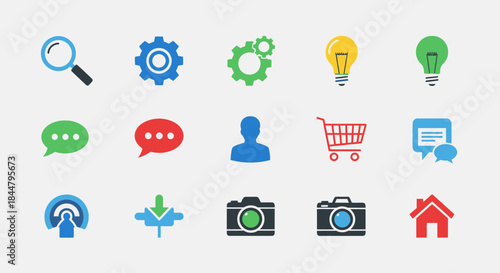 Collection of colorful digital icons representing technology communication and shopping elements