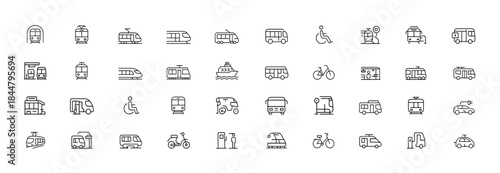 Public Transport Icon Set, Urban Transit Line Symbols of Metro, Tram, Monorail, Ferry, Electric Bus, Bike and Wheelchair Pictograms, Modern Mobility Vector Illustration, city transport design