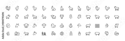 Farm Animal Line Icons, vector outline set of goose, turkey, chick, duck, sheep, horse, pig, donkey, ox and barnyard livestock pictograms for agriculture and rural design, farmstead graphics