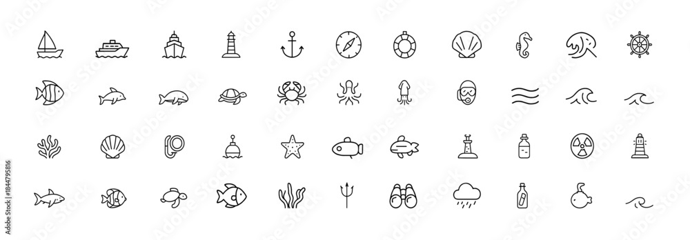 Naklejka premium Marine Life & Nautical Icon Set, vector line symbols of sea creatures, sailboats, anchors, lighthouses, coral reefs, navigation elements, underwater wildlife, ocean exploration, pictograms