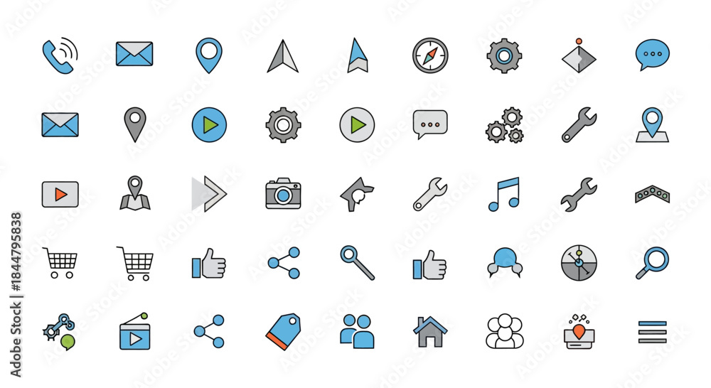 Fototapeta premium Collection of various digital communication and service icons in minimal style for user interface