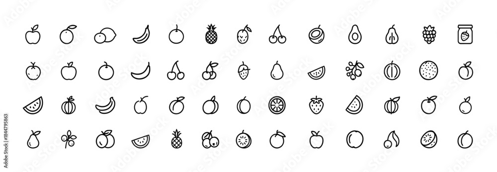 Naklejka premium Fruits and berries icon set, black glyph silhouettes of apple, banana, orange, lemon, grape, pineapple, coconut, cherry, strawberry, healthy organic nutrition vector illustration, tropical fruit