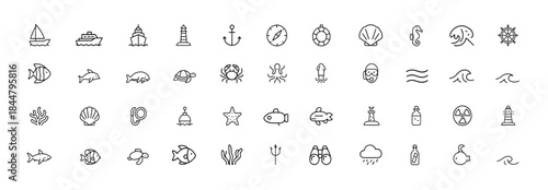Marine Life & Nautical Icon Set, vector line symbols of sea creatures, sailboats, anchors, lighthouses, coral reefs, navigation elements, underwater wildlife, ocean exploration, pictograms
