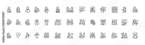 Kindergarten activity icons set with clean linear pictograms of kids learning drawing painting reading crafting cooking science play celebration fun, preschool education vector illustration