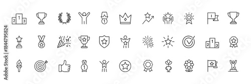 Victory and Achievement Icons, linear trophy set with podium, crown, laurel wreath, first-place medal, celebration signs, award, champion, prize, honor, success vector illustration, contest