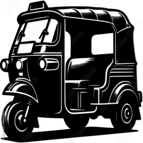 Tuk-Tuk Illustration: A stylish black and white illustration of a classic tuk-tuk, a three-wheeled motor vehicle, set against a stark backdrop.