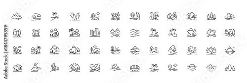 Landscape and Nature Line Icons, thin outline vector set of mountains, beaches, forests, deserts, waterfalls, cityscapes, canyons, outdoor travel scenery, adventure pictograms
