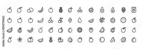 Fruits and berries icon set, black glyph silhouettes of apple, banana, orange, lemon, grape, pineapple, coconut, cherry, strawberry, healthy organic nutrition vector illustration, tropical fruit