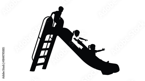 A black silhouette of children playing on a playground slide enjoying a sunny day