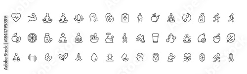 Fitness, wellness and healthy lifestyle icon set with yoga, meditation, nutrition, skincare, immune support, supplements, walking and running in modern linear vector illustration, holistic health