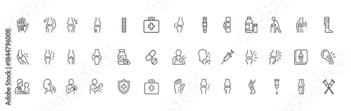 Medical vector icon set with thin line healthcare pictograms, arthritis and osteoporosis care, bone and joint pain, inflammation, injections, diagnosis, skeleton, calcium supplements, radiology