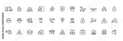 Emergency safety icon set, vector glyph pictograms for ambulance, fire service, police, medical aid, evacuation and disaster response, black silhouette illustration, crisis management symbols