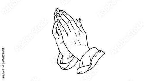 A simple black and white line drawing depicts praying hands in a gesture of reverence
