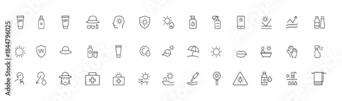 Sun protection vector icon set, black glyph pictograms of sunscreen SPF, UV shield, sunglasses, hat, beach umbrella, skincare safety symbols for summer health, vacation, outdoor sun care,