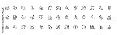 Economic Instability and Inflation Icon Set, thin outline vector pictograms showing rising prices, money loss, falling savings, reduced purchasing power, financial crisis symbols, linear illustration