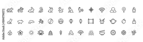 Chinese zodiac animal line icons set, tiger dragon rabbit snake horse goat monkey, phoenix pearl lotus pagoda symbols, thin outline vector illustration, lunar calendar, oriental culture